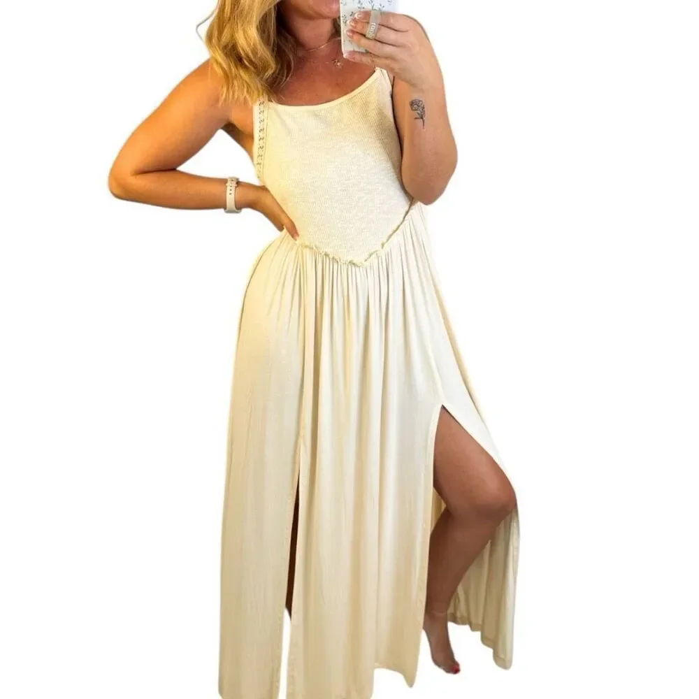 POL Beige Maxi Dress Cami Square Neck Side Slit Boho Beach Vacation NWT - Picture 1 of 8